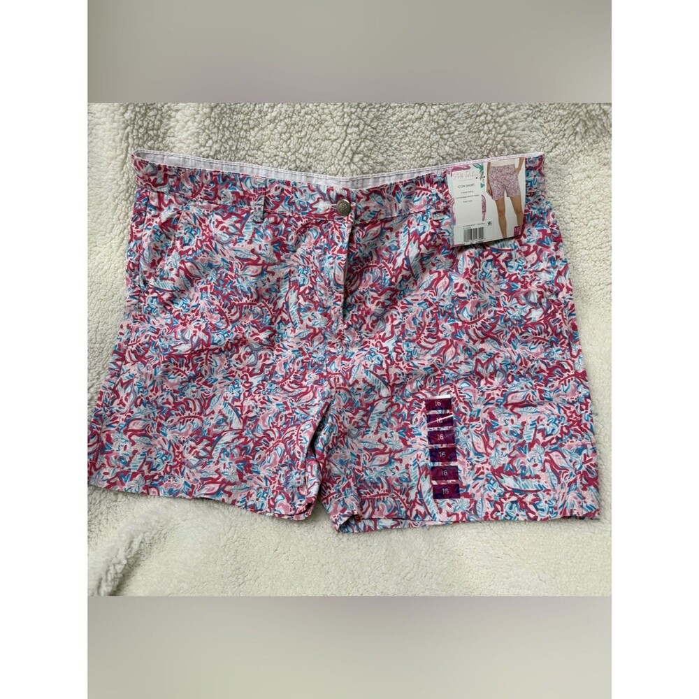 Stella Parker - Size 16 - Floral Print Pink Cargo Shorts with Blue Accents